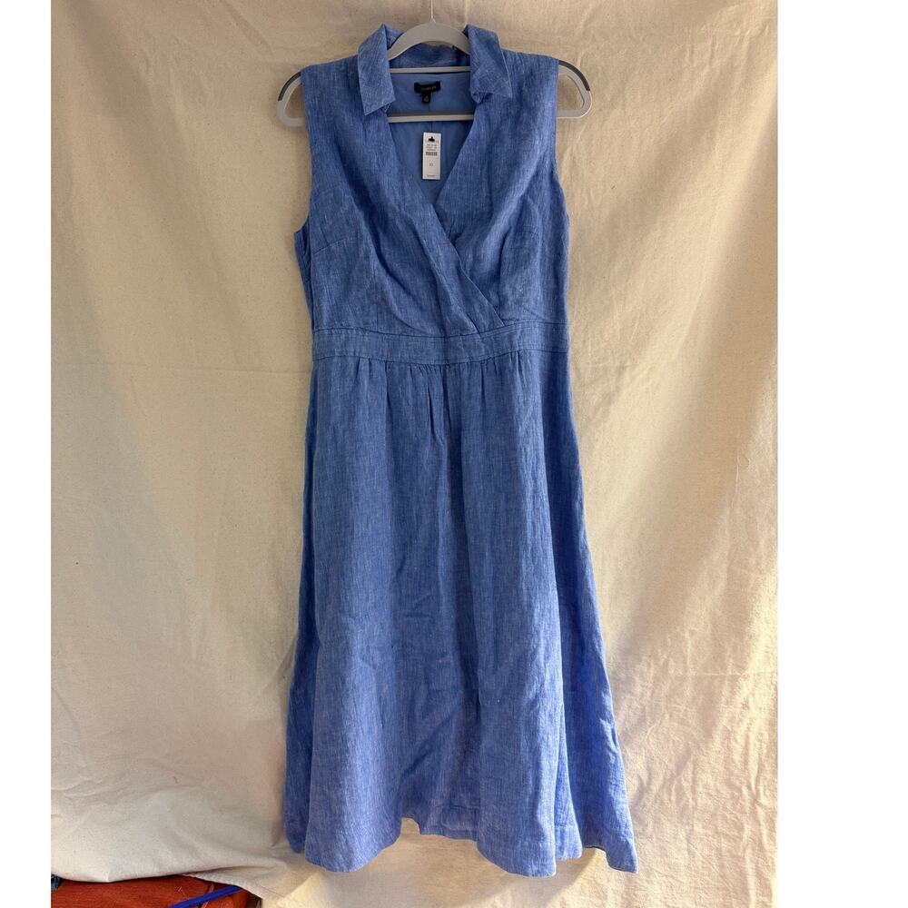 NWT Talbots Classic Pale Blue Linen Chambray Faux Wrap Dress 10 MSRP: $159